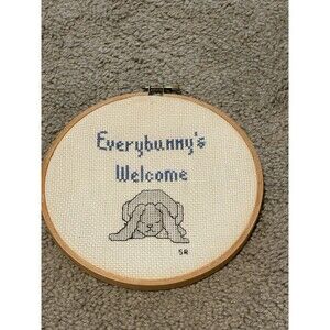 Everybunny's Welcome Cross Stitch Hoop‎ Art Bunny Rabbit Decor Handmade